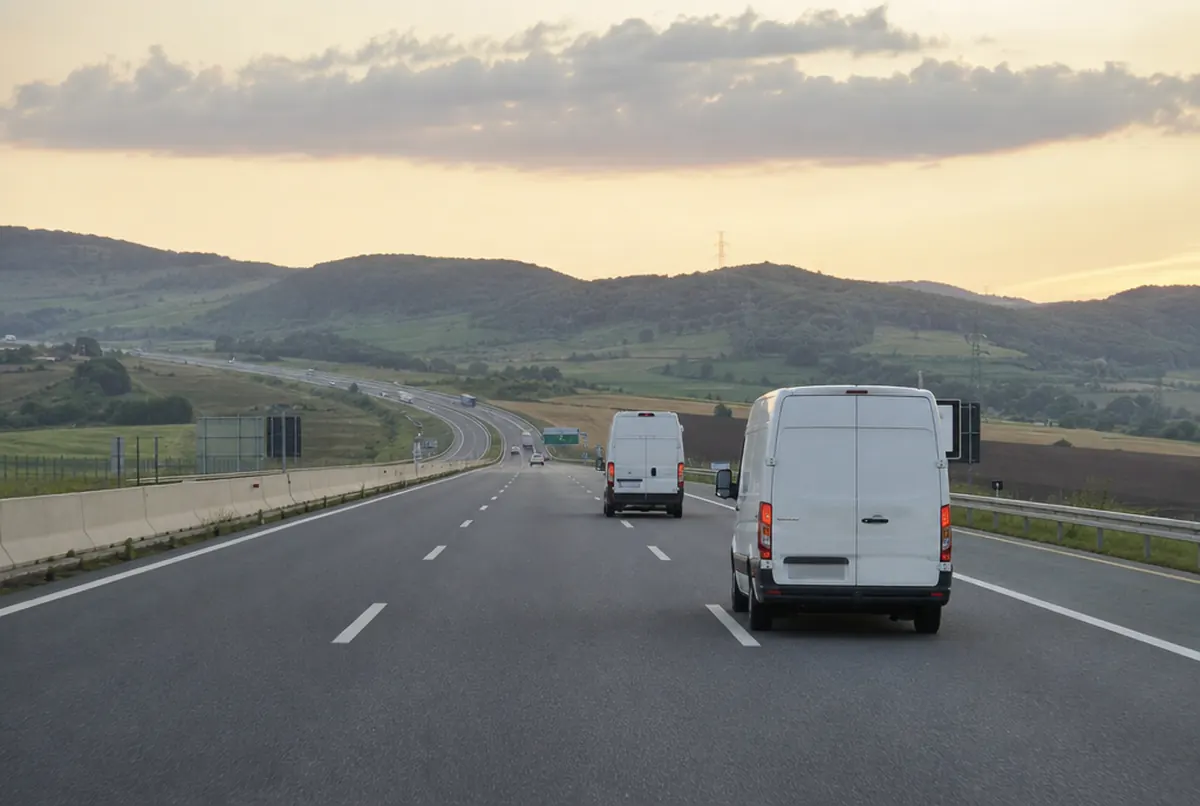 Two plain white delivery vans on a European motorway in the early morning