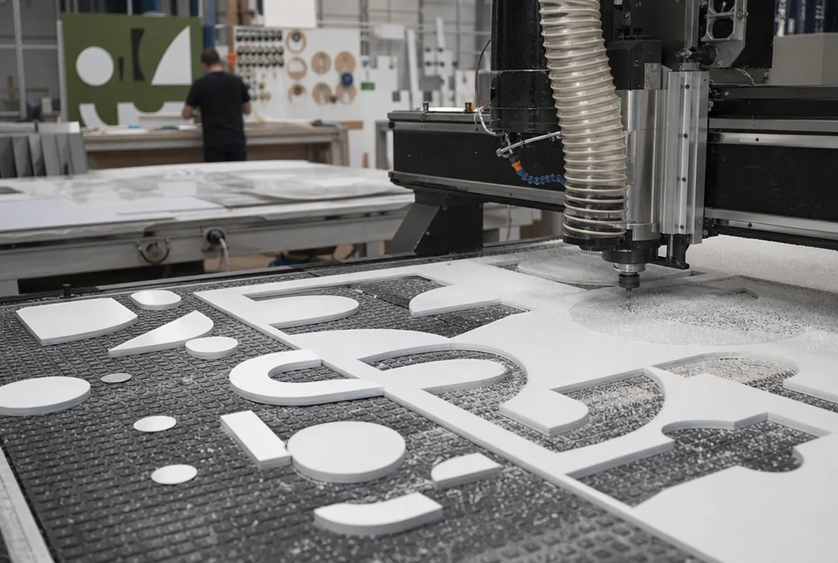 CNC router cutting shapes out of a white composite panel