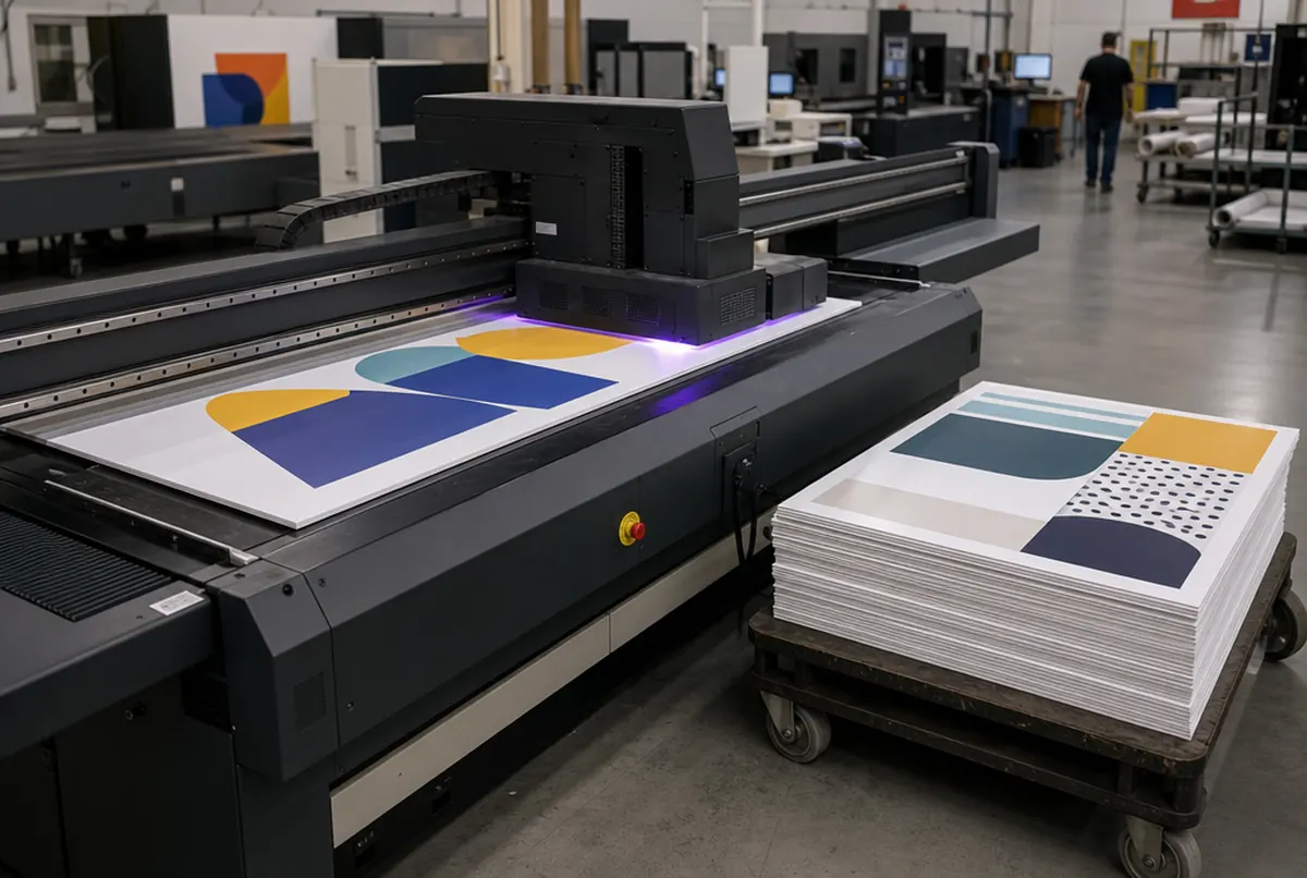 Industrial UV flatbed printer printing directly onto rigid boards