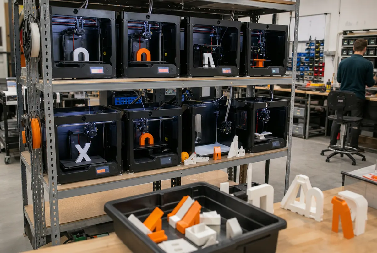Farm of desktop 3D printers on shelving in the workshop