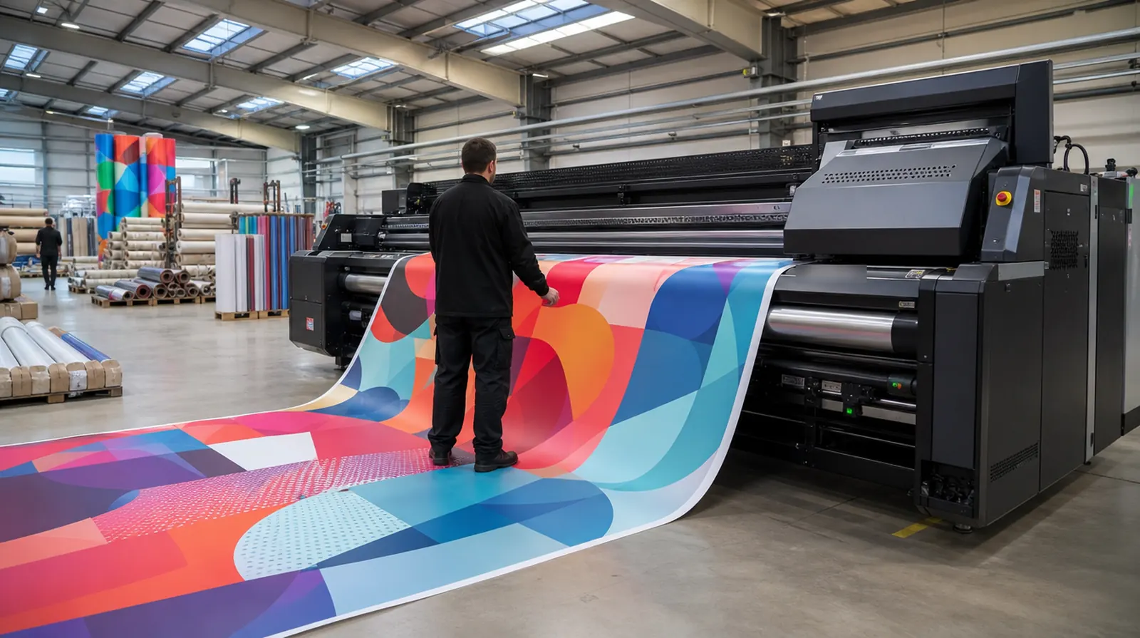 Production hall with a 3.2-metre industrial UV printer running a colourful banner