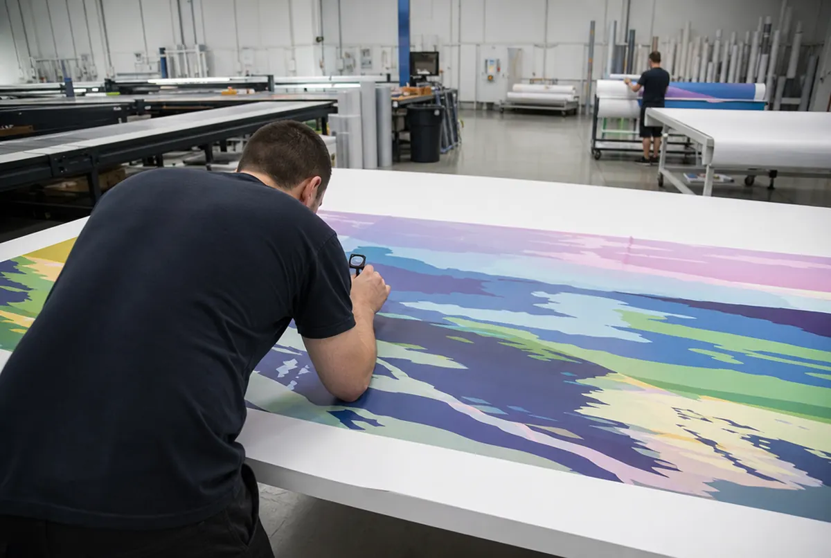 Quality check of a large print on an inspection table before packing