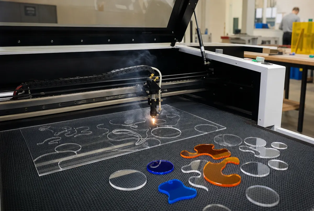 Laser cutter cutting shapes from clear and coloured acrylic