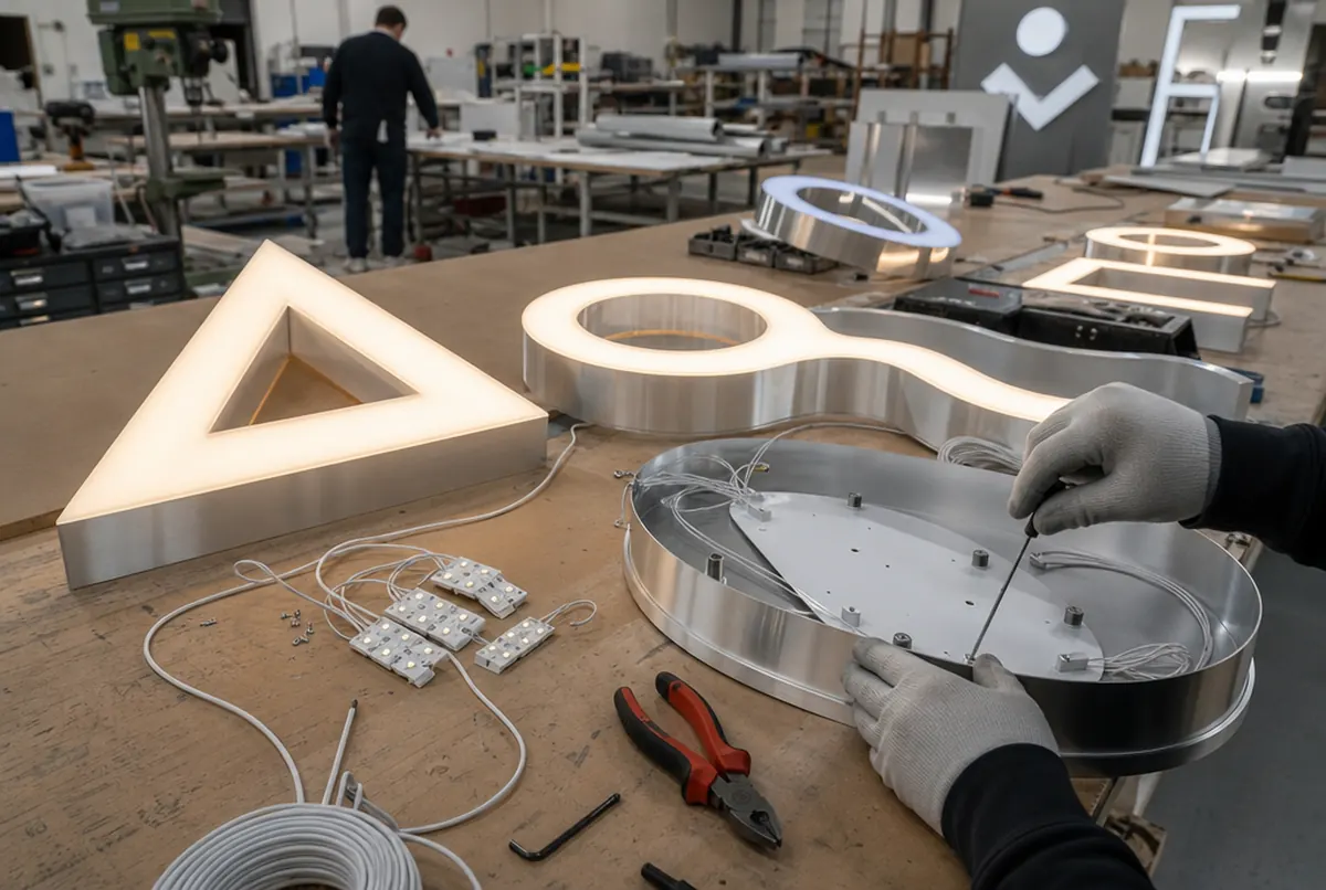 Illuminated aluminium and acrylic built-up letters being assembled on a workshop bench
