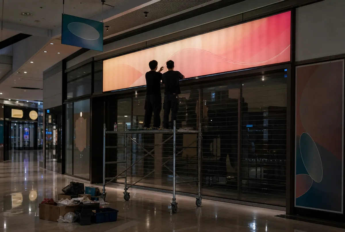 Night installation of a backlit fabric light box above a shop entrance in a shopping centre