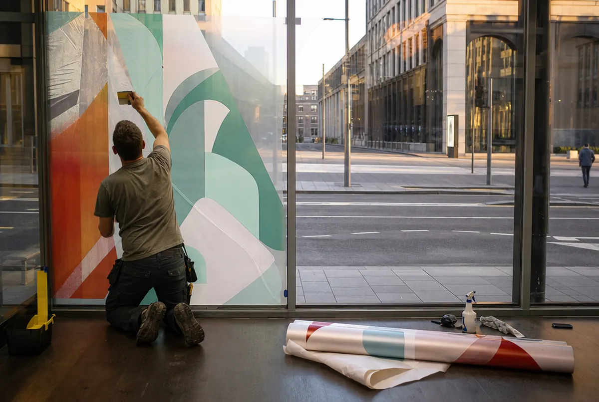 Installer seen from behind applying a colourful vinyl graphic to a shop window