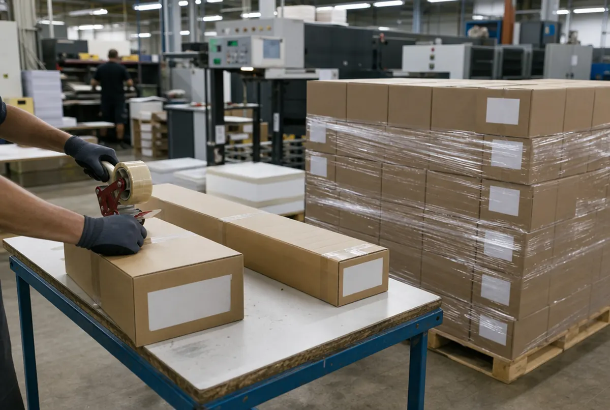 Prints being packed into plain unbranded boxes with blank shipping labels