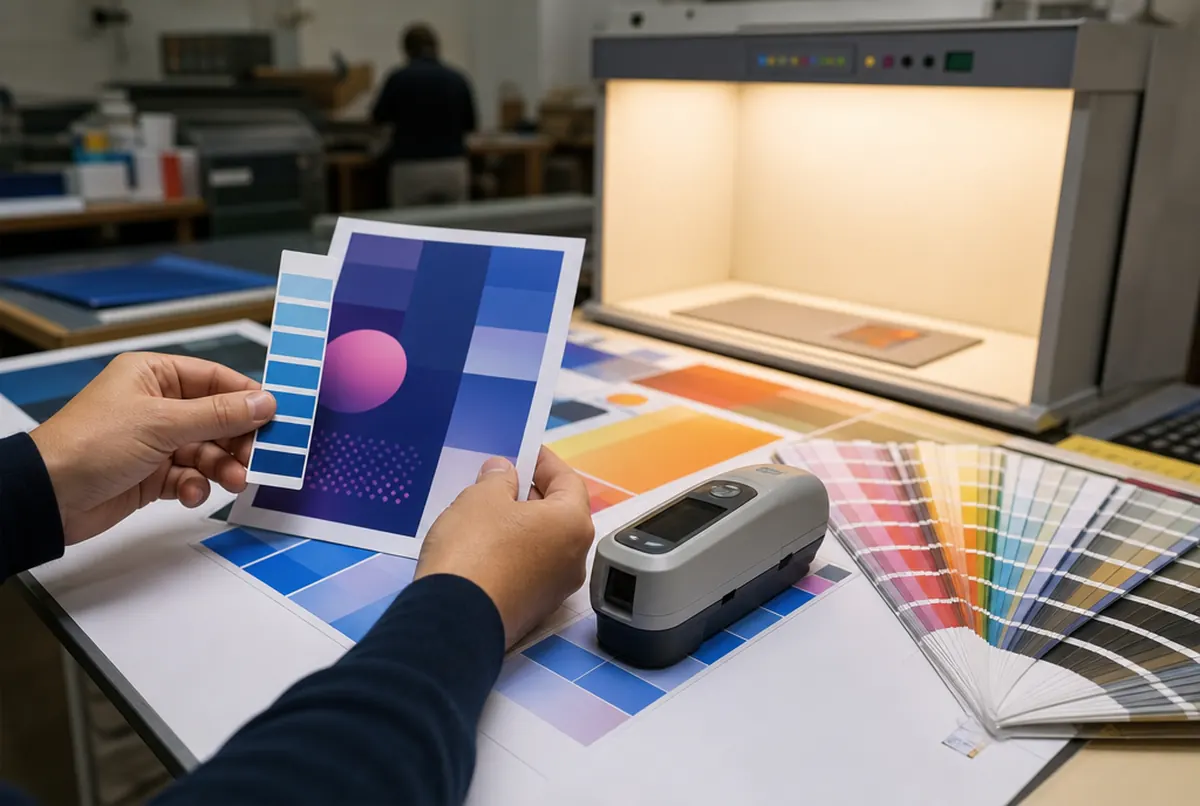 Hard proof compared with a colour swatch next to a spectrophotometer and a viewing booth