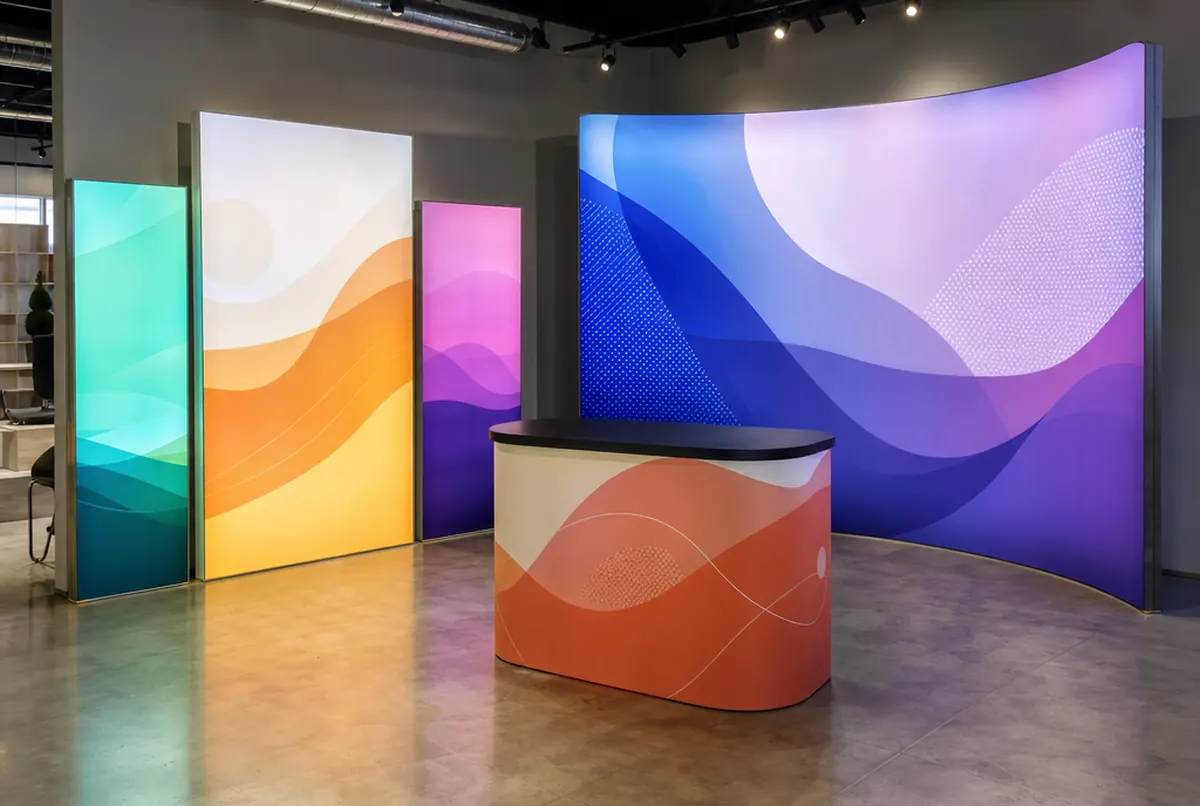 Backlit SEG fabric frames, a curved display wall and a promo counter with colourful graphics