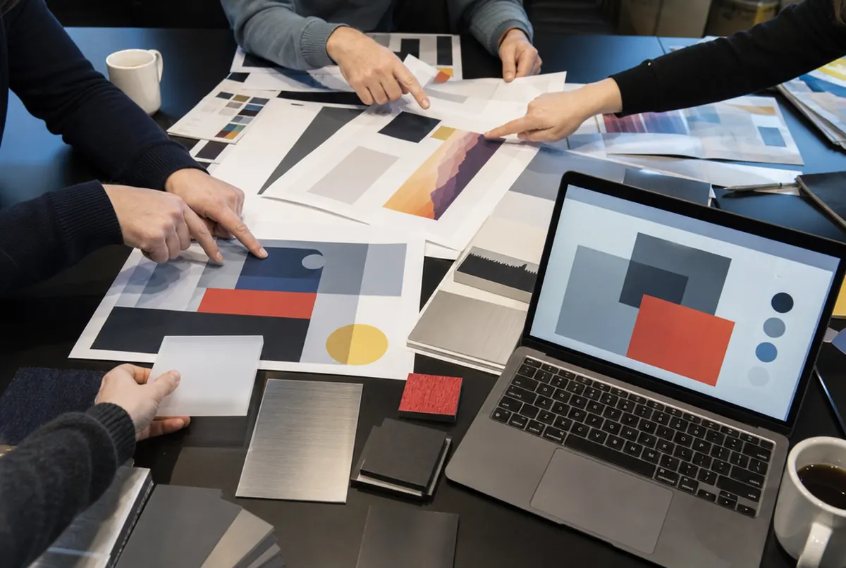 Hands of agency and production staff pointing at printed proofs and material samples on a table
