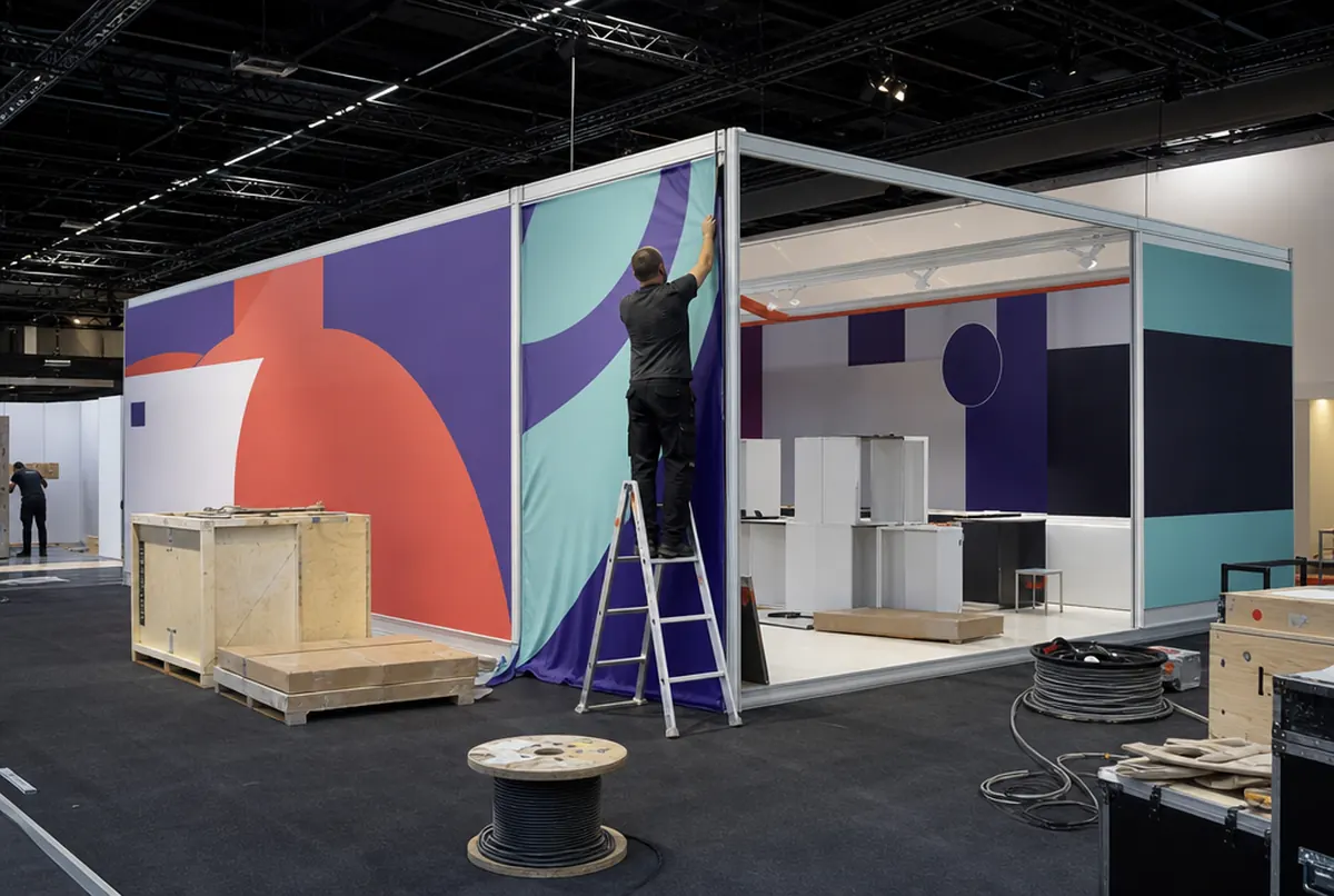 Exhibition stand with SEG fabric walls being built in a trade fair hall