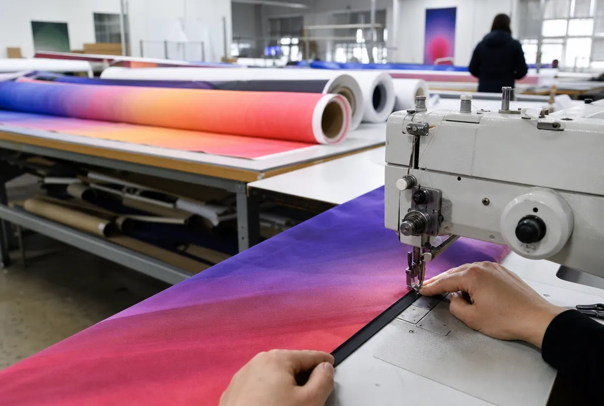 Sewing a silicone SEG edge onto printed fabric in the sewing room