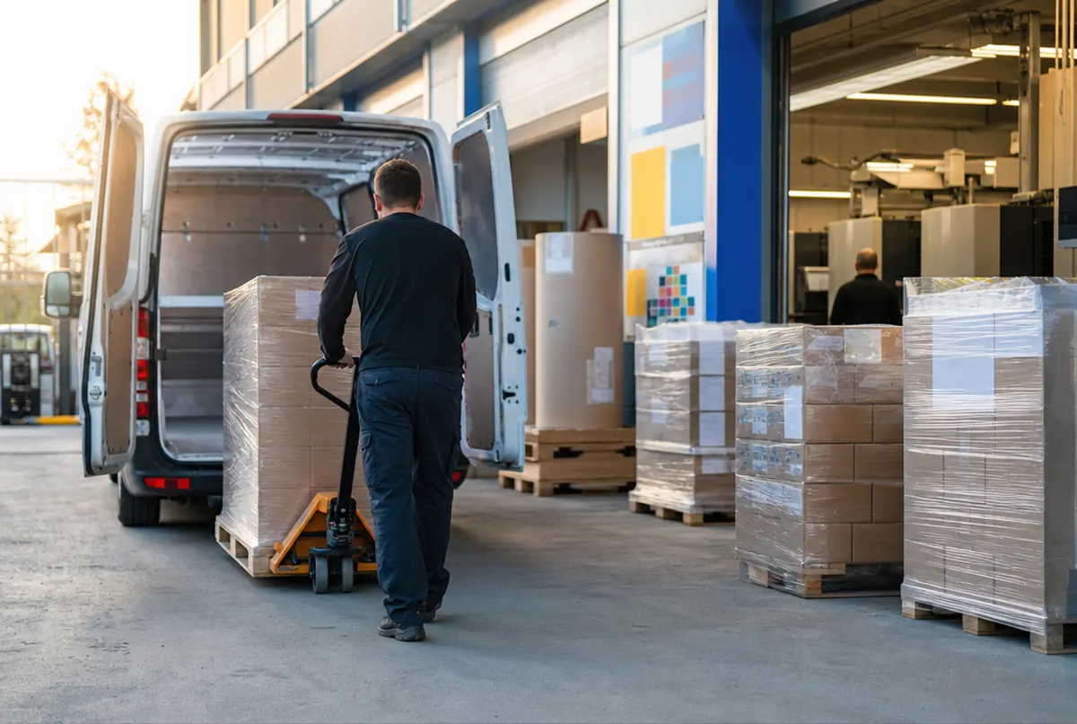 Pallet of finished signage being loaded into a plain white van at a loading dock