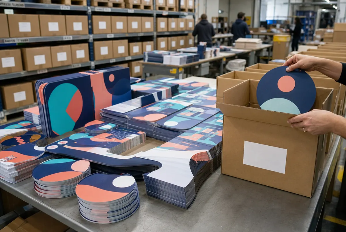 Retail POS campaign kits being packed into plain cardboard boxes