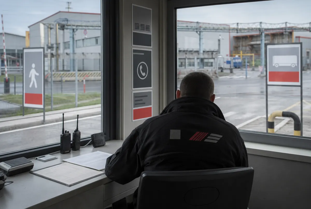 Pforte eines Objekts mit Schildern und Sicherheitsmitarbeiter in bedruckter Jacke