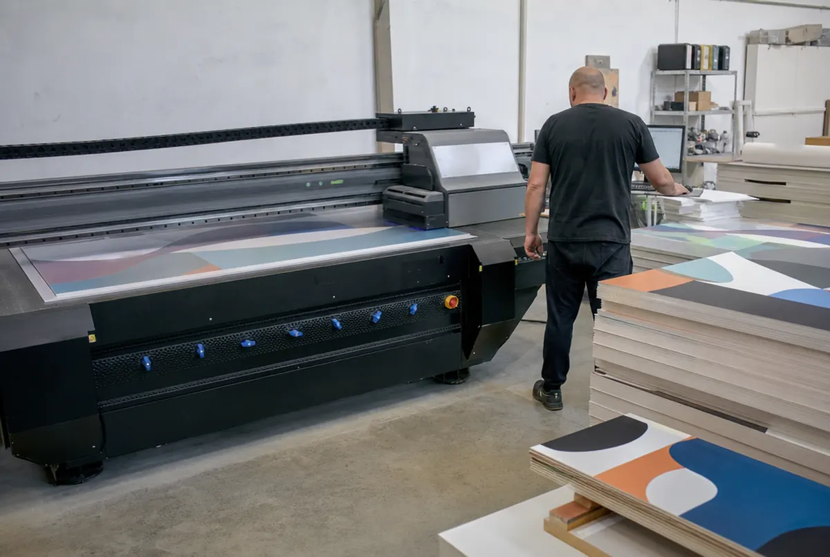 UV printing on a rigid board in a large format print shop for agencies