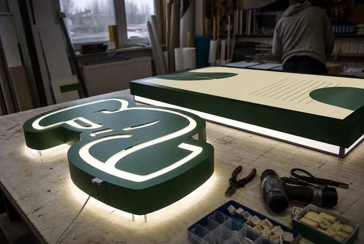 Production of illuminated letters and a light box in the signage workshop