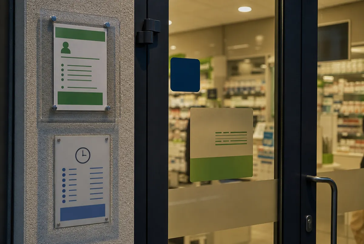 Opening hours sign and an acrylic pocket for duty rota information