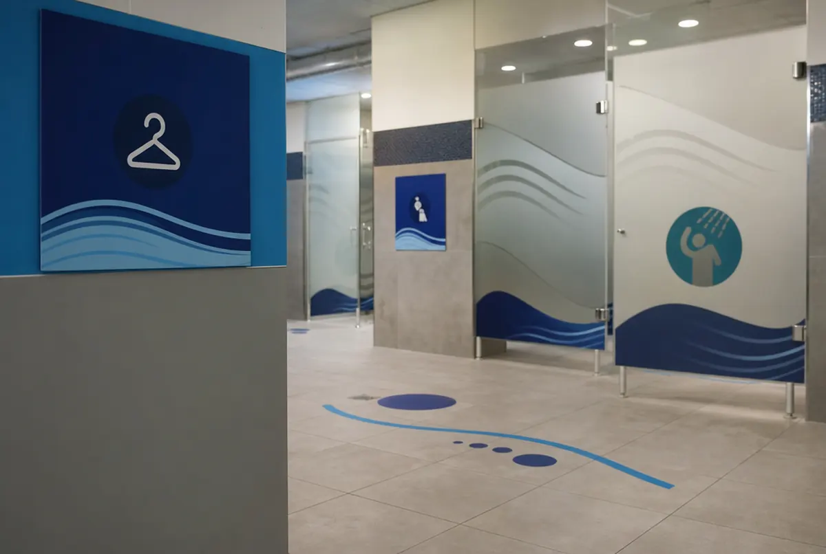 Pool changing rooms with signage, frosted film and floor graphics