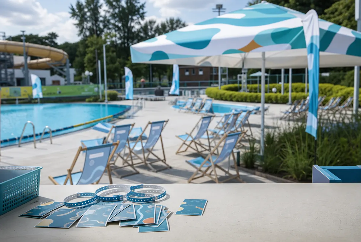 Printed parasols and loungers at an outdoor pool
