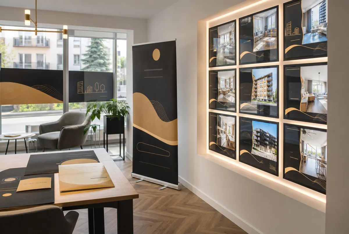 Innenraum eines Immobilienbüros mit beleuchteten LED-Rahmen mit Angeboten