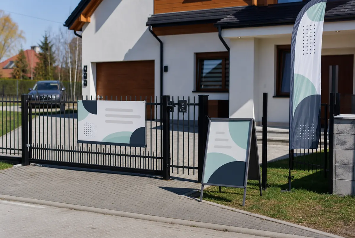 Schild am Zaun eines Hauses und Beachflag bei einer Immobilienbesichtigung
