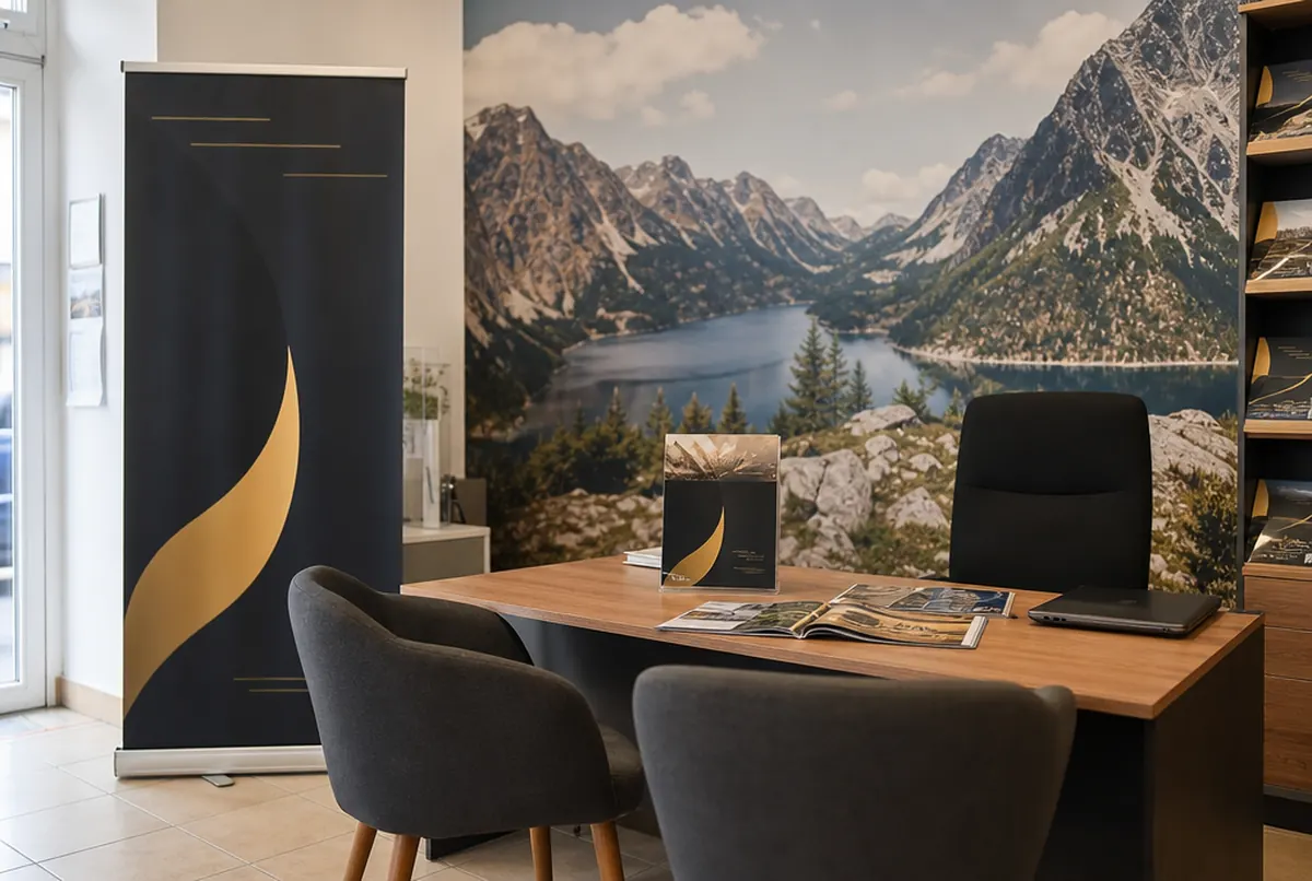 Beratungsbereich eines Reisebüros mit Fototapete und Roll-up