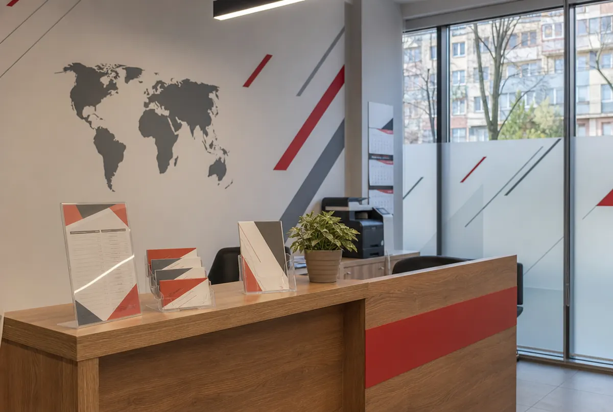 Übersetzungsbüro mit Weltkarten-Grafik und Acrylglas-Aufsteller