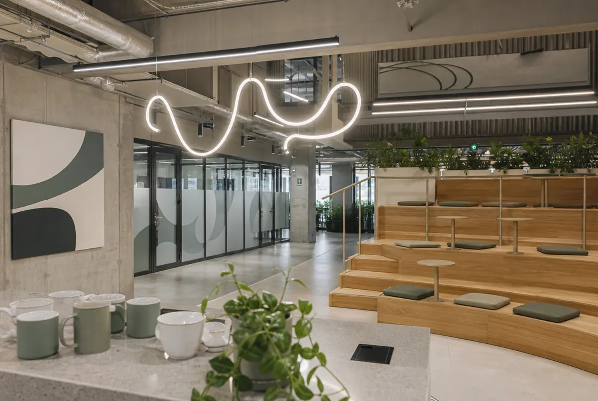 Coworking shared area with an LED neon and frosted film