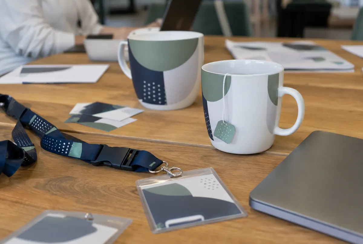 Mugs, lanyards and access card holders in a coworking space