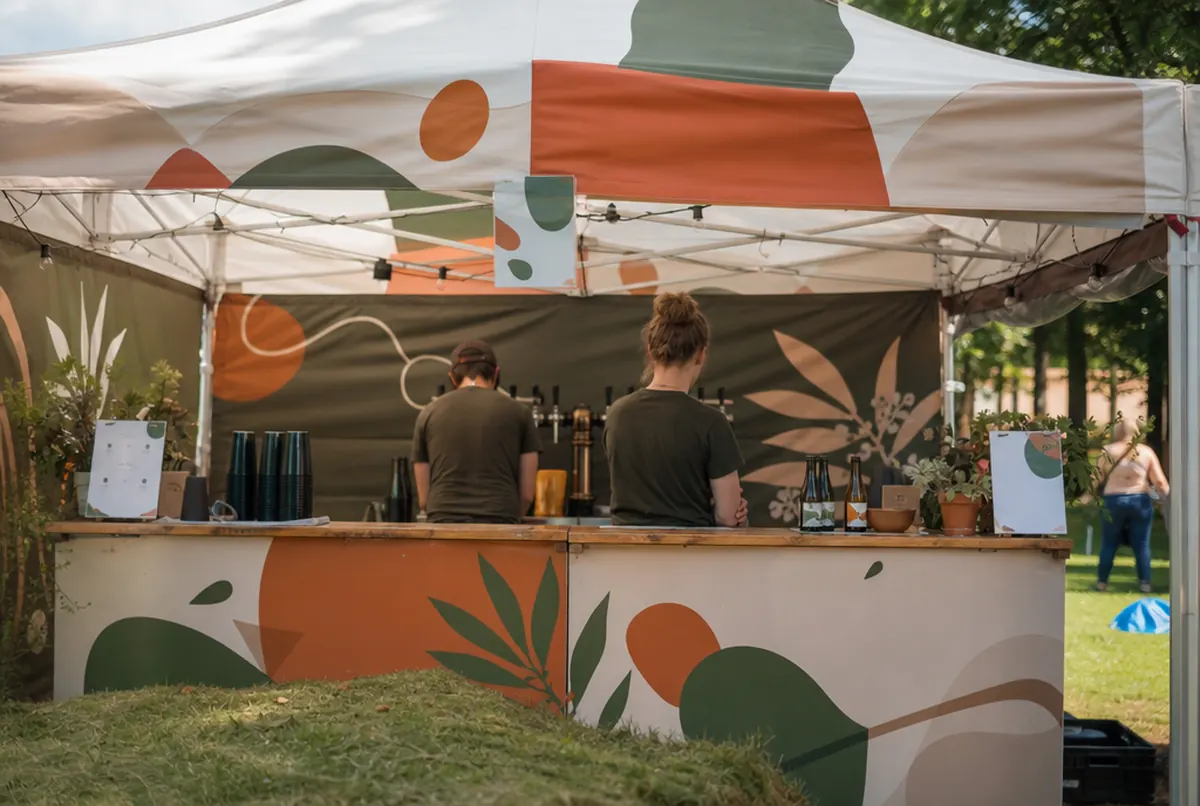 Stand einer Brauerei auf einem Festival mit Zelt, Theke und Rückwand