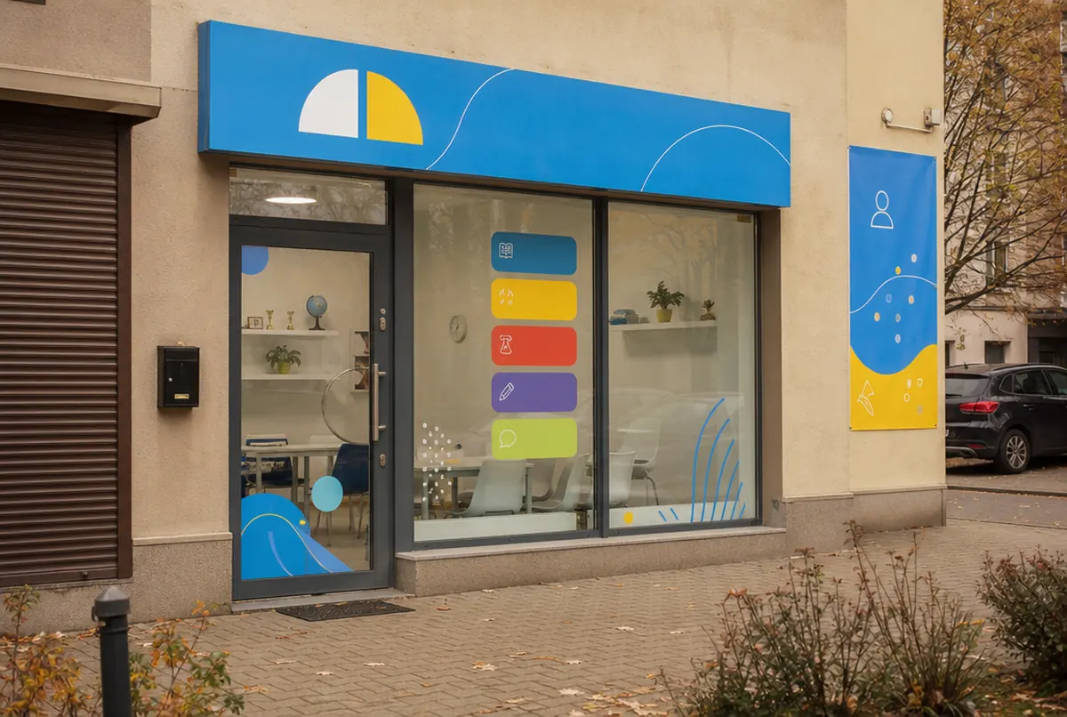 Learning centre premises with a shop sign and a window listing subjects