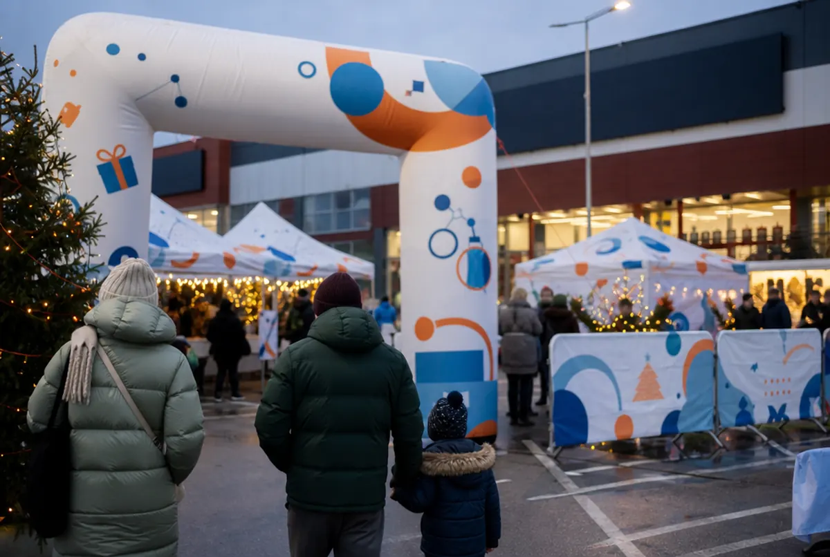 Markt vor einem Fachmarktzentrum mit Zelten und aufblasbarem Tor
