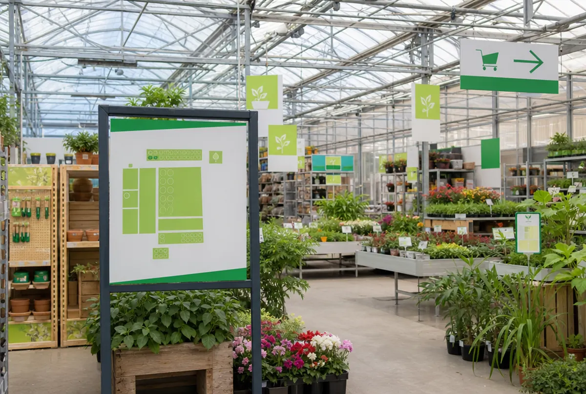 Halle eines Gartencenters mit Abteilungsschildern und Übersichtsplan