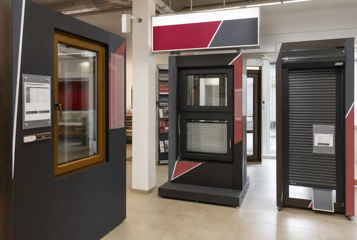 Window and door showroom with display labels and a roll-up banner