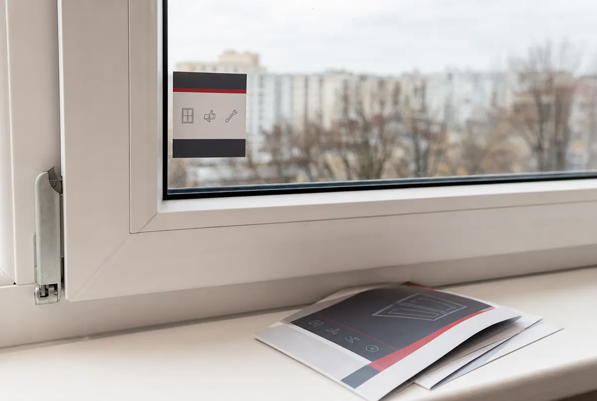Service sticker on a window frame and a warranty brochure on the sill