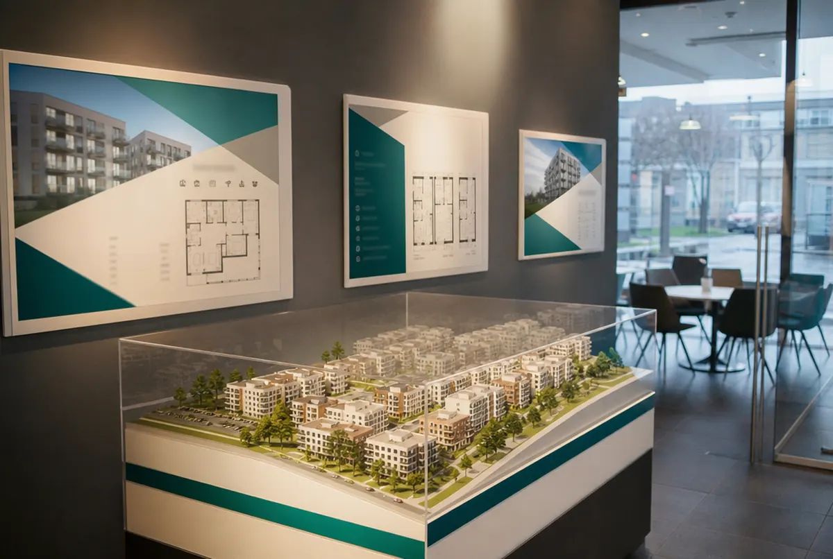 Developer's sales suite with backlit CGIs and a site model