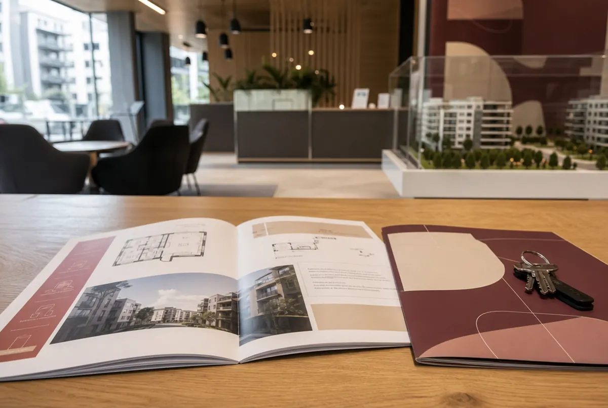 Development brochure with apartment floor plans and a presentation folder on a desk