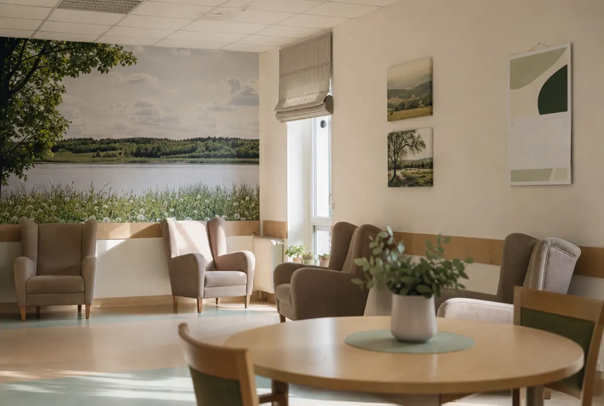 Aufenthaltsraum eines Pflegeheims mit Landschafts-Fototapete und großem Kalender