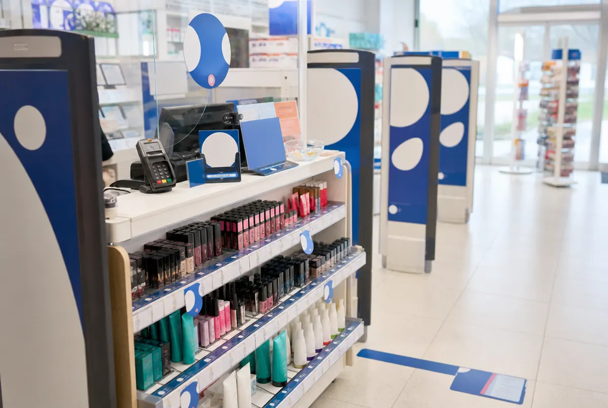 Zone de caisse d’une droguerie avec présentoirs et habillages de portiques