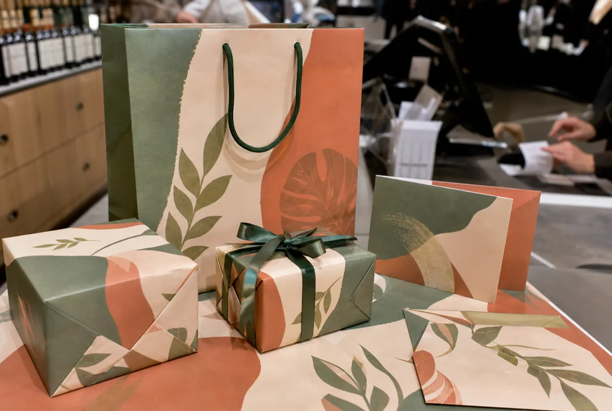 Papier cadeau, sac et cartes cadeaux d’une parfumerie