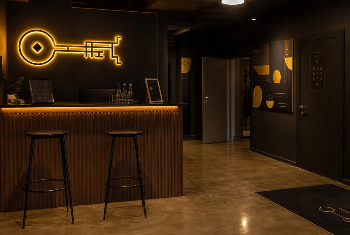 Escape room waiting area with an LED neon and house rules outside the room