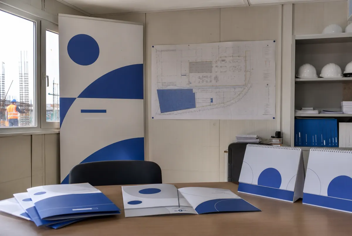 Construction company site office cabin with a roll-up and presentation folders