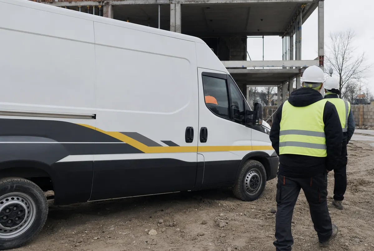 Branded construction company van at a site with a crew in branded workwear