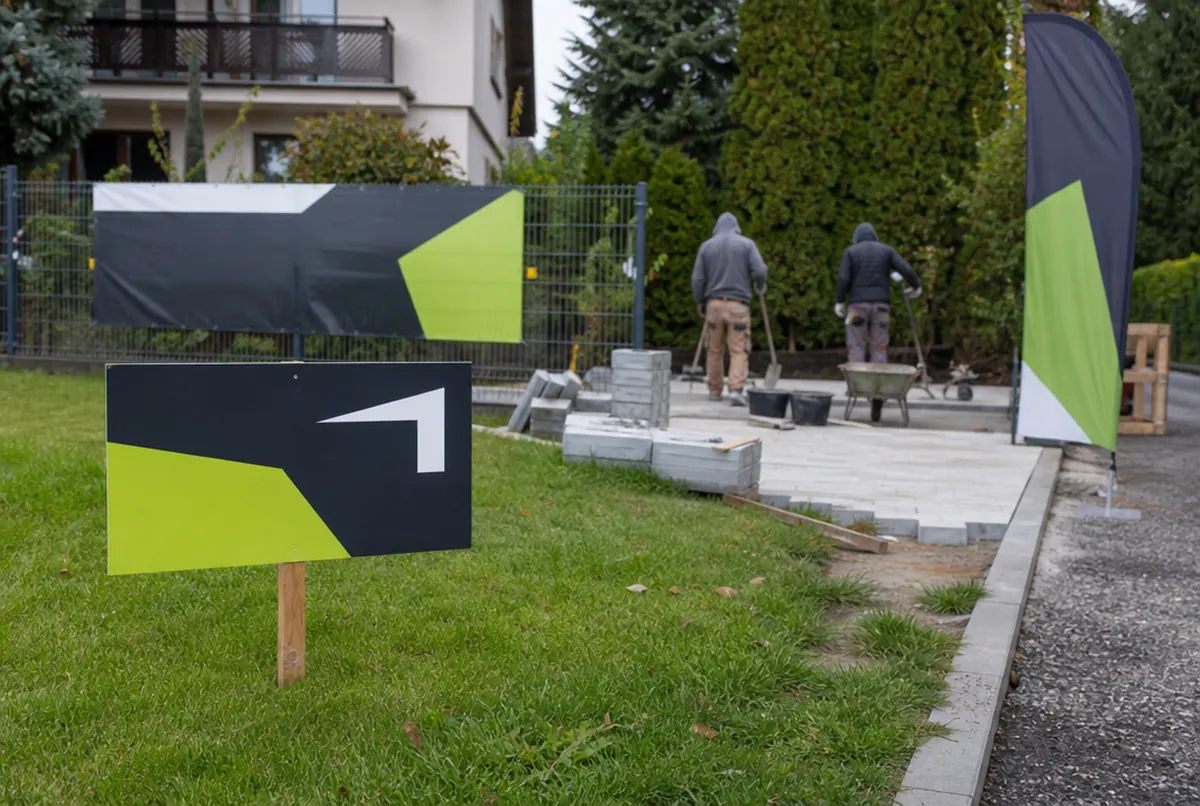 Board on stakes and banner on the fence during a garden project