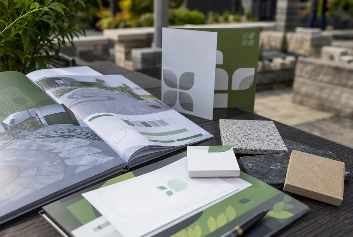 Paving pattern catalogue, business cards and a garden design voucher