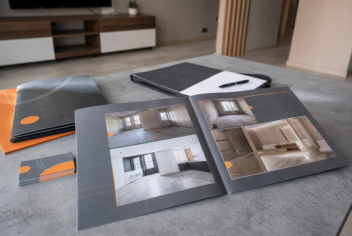 Before-and-after portfolio, quote folder and business cards