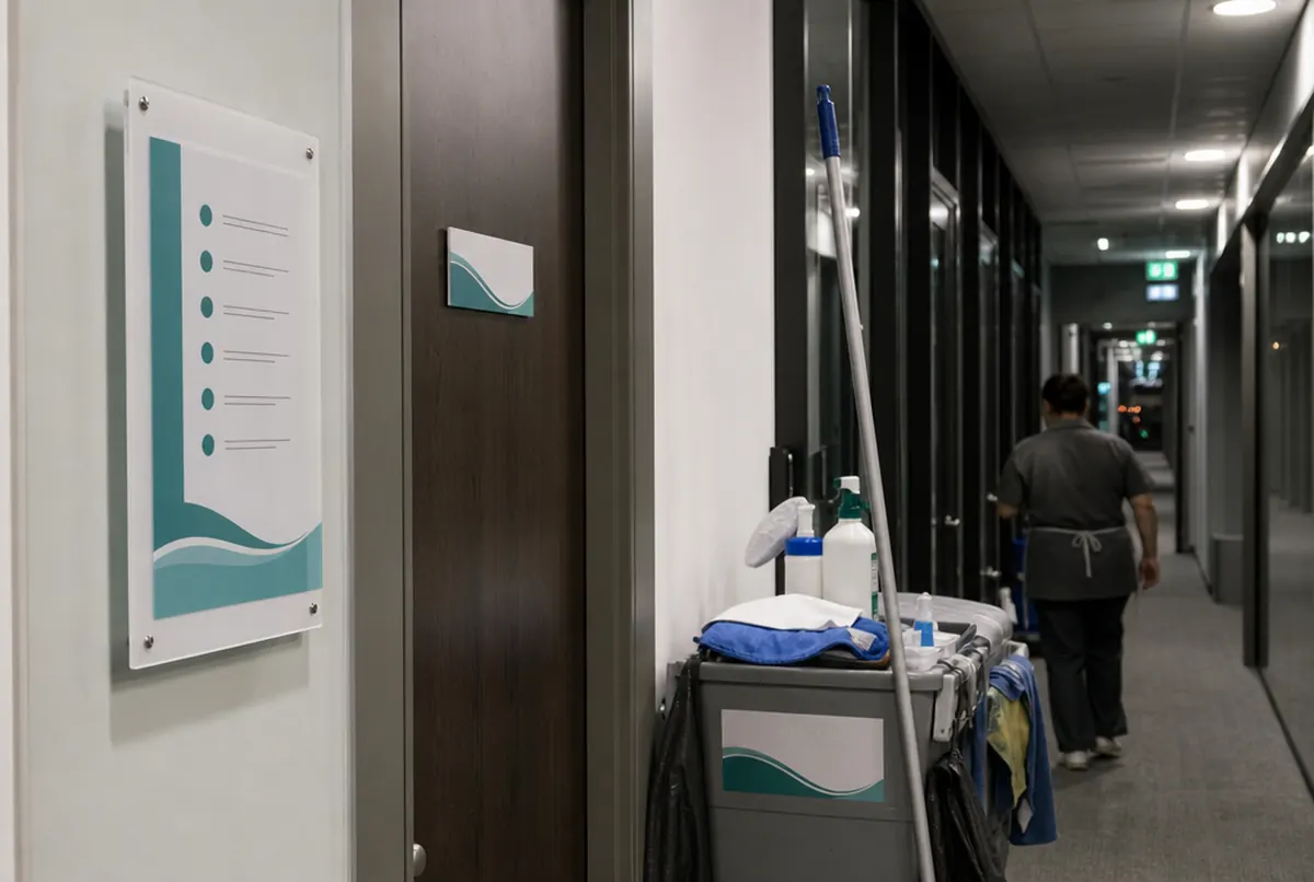 Reinigungswagen mit Aufkleber und Rahmen mit Reinigungsnachweis in einem Bürogebäude