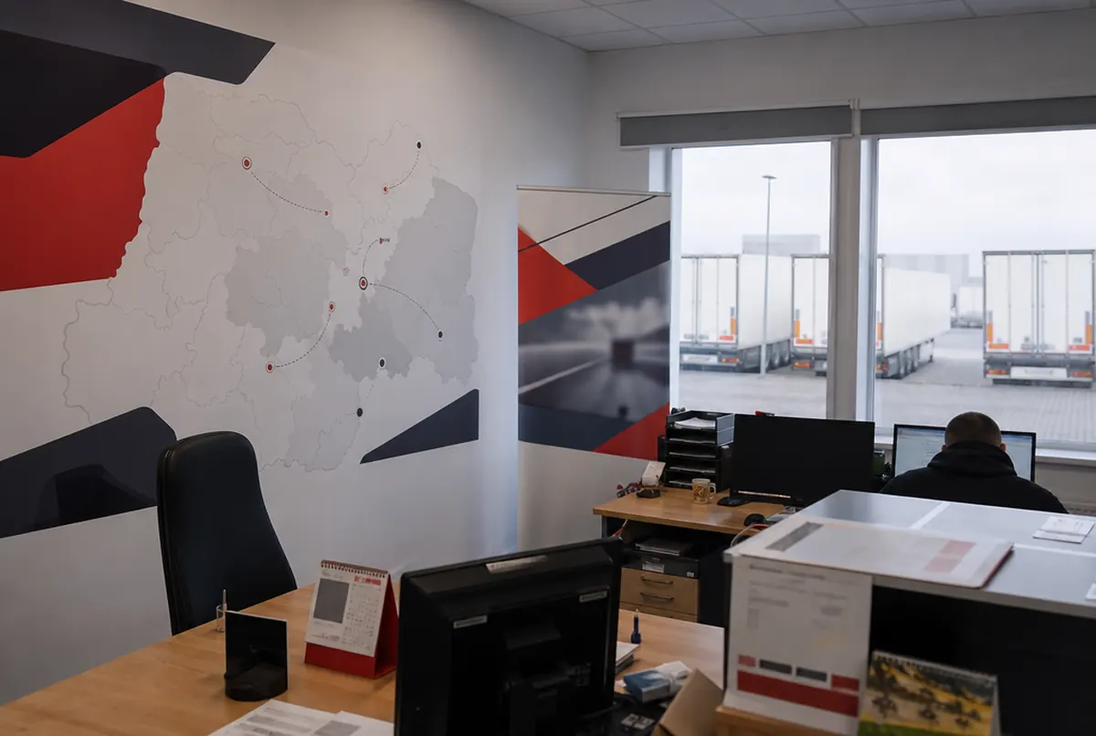 Bureau d’affrètement avec visuel mural, calendriers trois mois et roll-up
