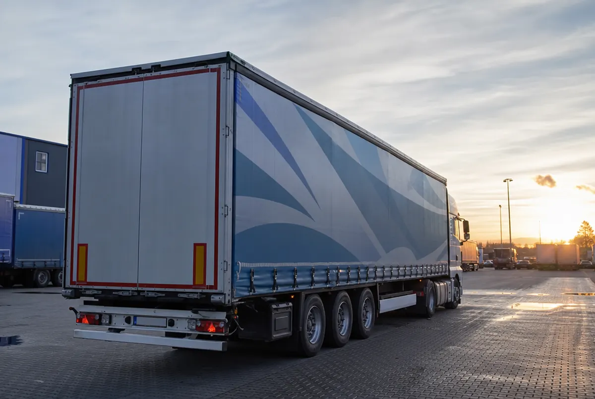 Semi-remorque avec bâche imprimée aux couleurs d’une entreprise de transport